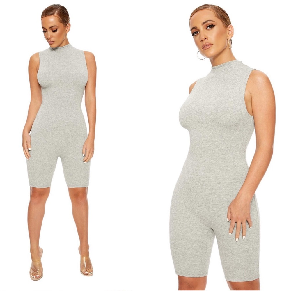 naked wardrobe Heather Gray Sleeveless Ribbed Mock Neck Romper